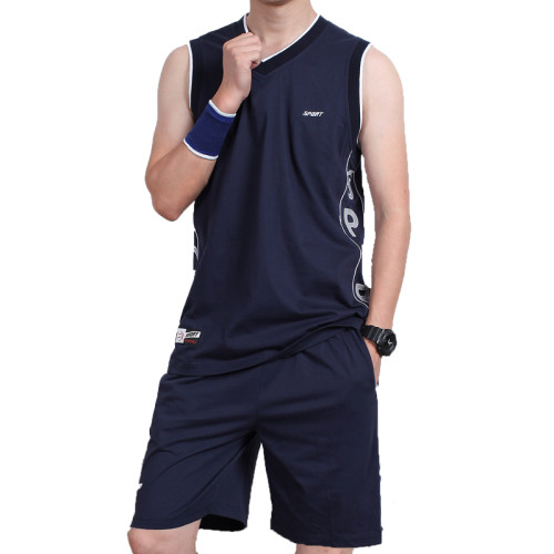 夏季跑步運動套裝男士純棉背心短褲寬松大碼無袖吸汗透氣籃球衣服