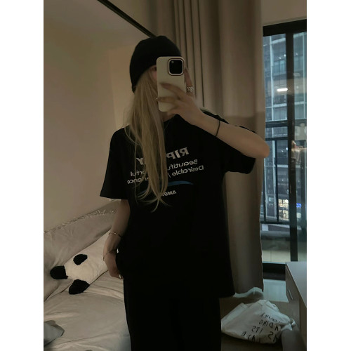 美式潮牌黑色短袖女t恤夏季字母印花重磅純棉寬松情侶高級感上衣