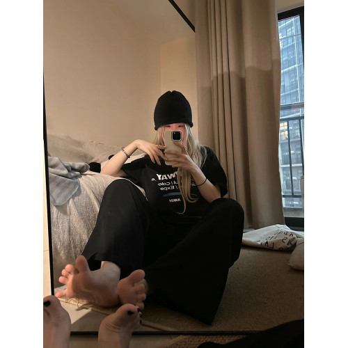 美式潮牌黑色短袖女t恤夏季字母印花重磅純棉寬松情侶高級感上衣