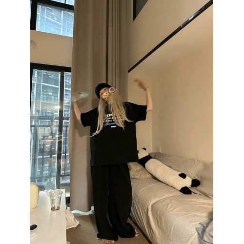美式潮牌黑色短袖女t恤夏季字母印花重磅純棉寬松情侶高級感上衣