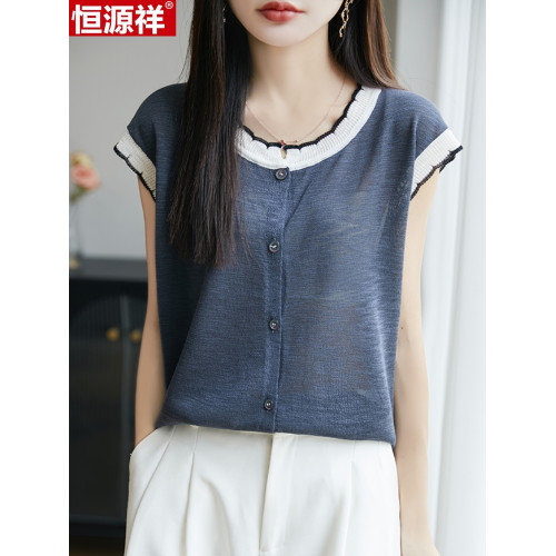 恒源祥桑蠶絲短袖女T恤夏季新款寬松圓領針織衫開衫拼色真絲短袖