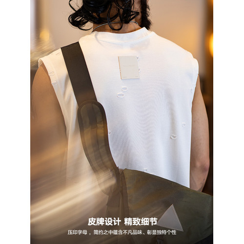 美式復古破洞背心男款夏季2025新款運動健身打底坎肩無袖t恤男夏