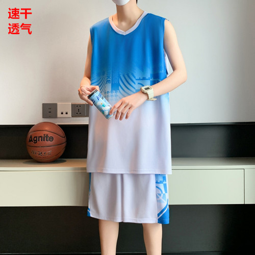 青年冰絲速乾背心短褲套裝男加肥加大碼夏季時尚拼色透氣籃球服