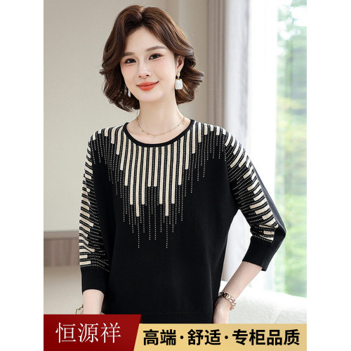 恒源祥媽媽裝洋氣打底小衫長袖女T恤中老年春秋休閒針織薄款上衣