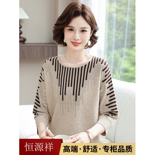 恒源祥媽媽裝洋氣打底小衫長袖女T恤中老年春秋休閒針織薄款上衣
