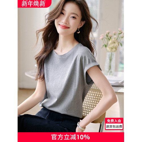 沫晗依美連肩袖圓領T恤2025夏季新款連肩小蓋袖寬鬆休閒顯瘦女T恤