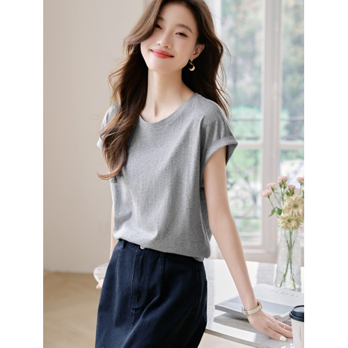 沫晗依美連肩袖圓領T恤2025夏季新款連肩小蓋袖寬鬆休閒顯瘦女T恤