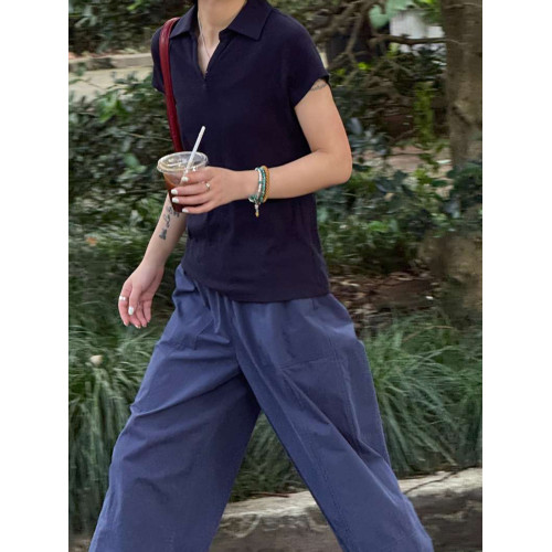 周浪清藏青色休閒polo領短袖女t恤2025新款夏季修身顯瘦短款上衣