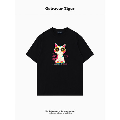 專櫃新款 Ostravar Tiger潮牌2025夏手繪慵懶風寬松純棉短袖女t恤