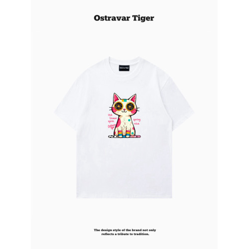 專櫃新款 Ostravar Tiger潮牌2025夏手繪慵懶風寬松純棉短袖女t恤