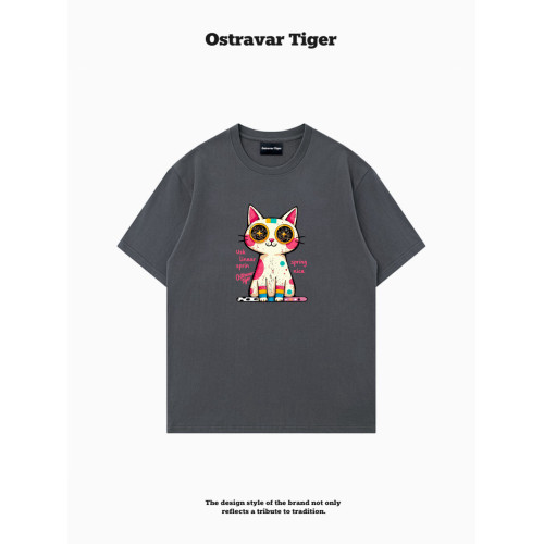 專櫃新款 Ostravar Tiger潮牌2025夏手繪慵懶風寬松純棉短袖女t恤