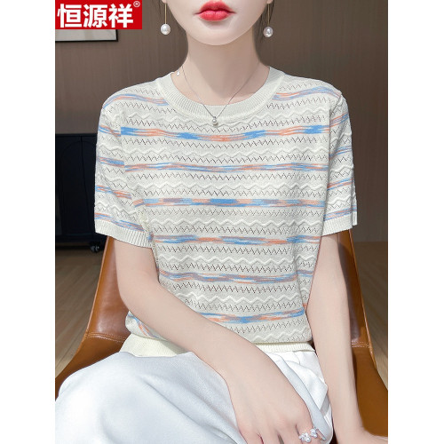 恒源祥桑蠶絲短袖女T恤夏季新款寬松圓領針織衫上衣條紋百搭真絲