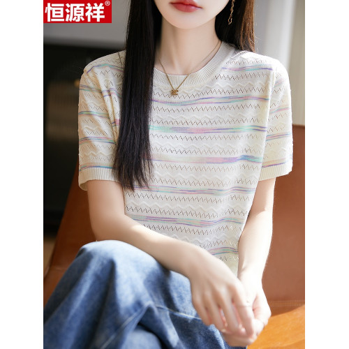 恒源祥桑蠶絲短袖女T恤夏季新款寬松圓領針織衫上衣條紋百搭真絲