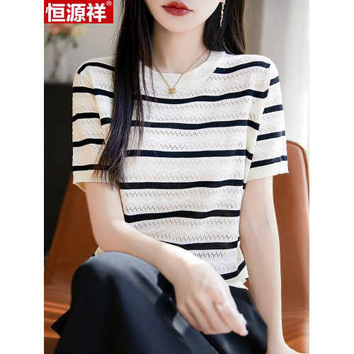 恒源祥桑蠶絲短袖女T恤夏季新款寬松圓領針織衫上衣條紋百搭真絲