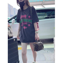 美式復古正肩寬松顯瘦短袖女t恤中長款遮臀小個子大版體恤潮牌夏