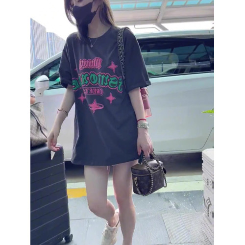 美式復古正肩寬松顯瘦短袖女t恤中長款遮臀小個子大版體恤潮牌夏