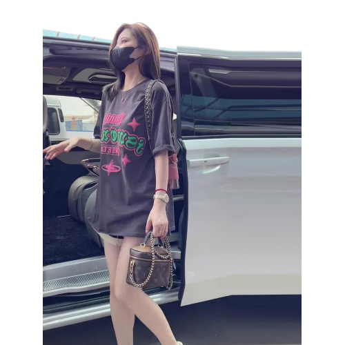 美式復古正肩寬松顯瘦短袖女t恤中長款遮臀小個子大版體恤潮牌夏
