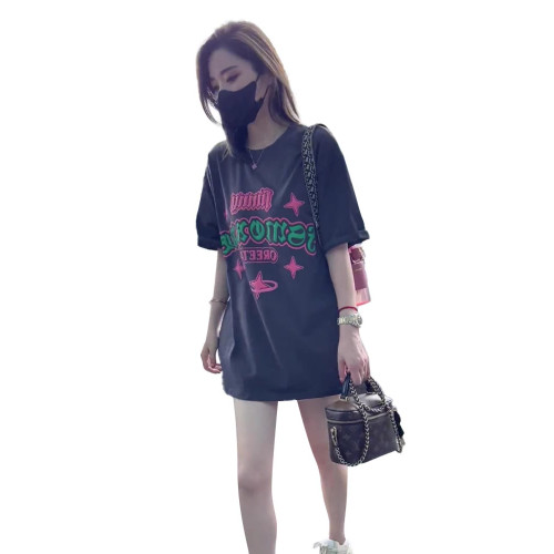 美式復古正肩寬松顯瘦短袖女t恤中長款遮臀小個子大版體恤潮牌夏
