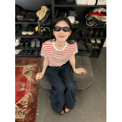 條紋正肩短袖女t恤夏打底衫黑白純棉寬松紅色韓系慵懶松弛感上衣