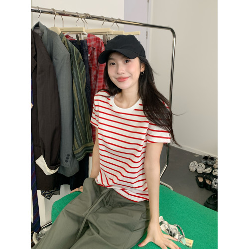 條紋正肩短袖女t恤夏打底衫黑白純棉寬松紅色韓系慵懶松弛感上衣