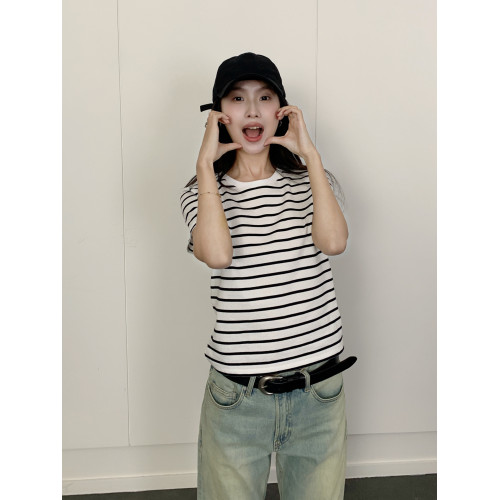 條紋正肩短袖女t恤夏打底衫黑白純棉寬松紅色韓系慵懶松弛感上衣