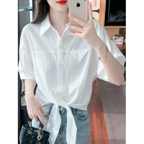 下擺打結設計感白色短袖女T恤2025新款夏季寬松防曬純棉襯衫上衣