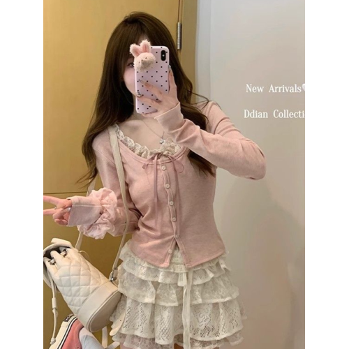 蕾絲系帶假兩件拼接短袖女t恤修身單排釦長袖顯瘦上衣春秋打底衫