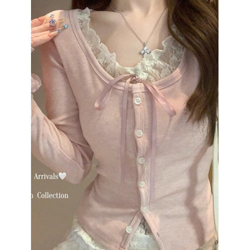 蕾絲系帶假兩件拼接短袖女t恤修身單排釦長袖顯瘦上衣春秋打底衫