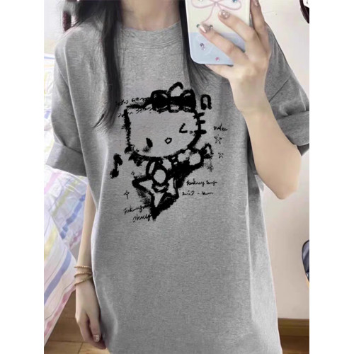 灰色重磅純棉kitty貓短袖女t恤夏2025寬松學生半袖減齡巨好看上衣