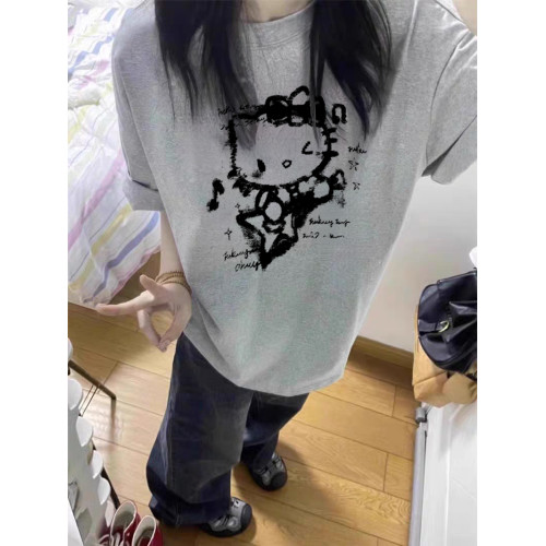 灰色重磅純棉kitty貓短袖女t恤夏2025寬松學生半袖減齡巨好看上衣