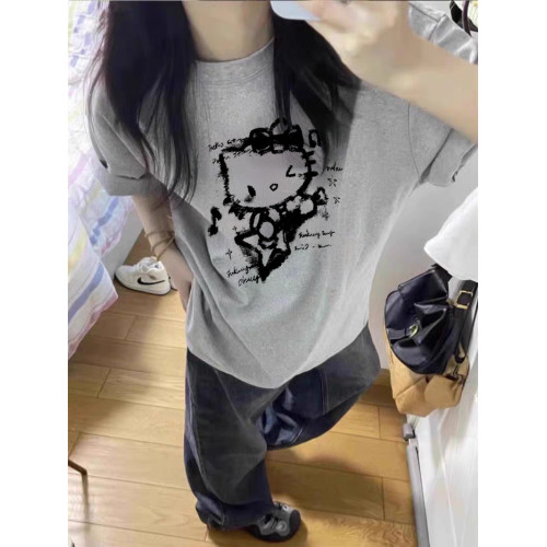 灰色重磅純棉kitty貓短袖女t恤夏2025寬松學生半袖減齡巨好看上衣