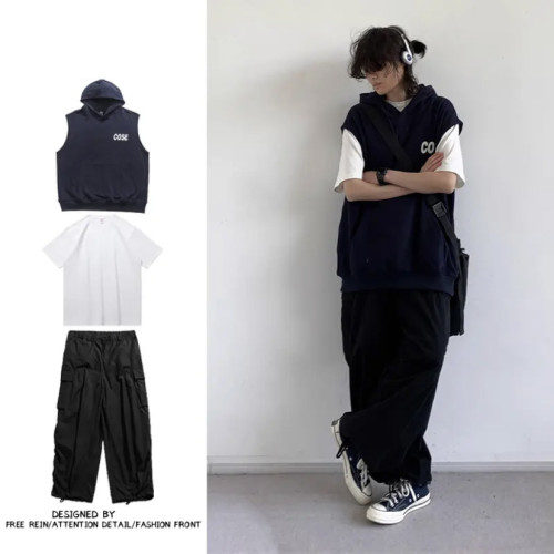 三件裝/單件連帽日系無袖背心男女生寬松學院慵懶風套頭情侶套裝