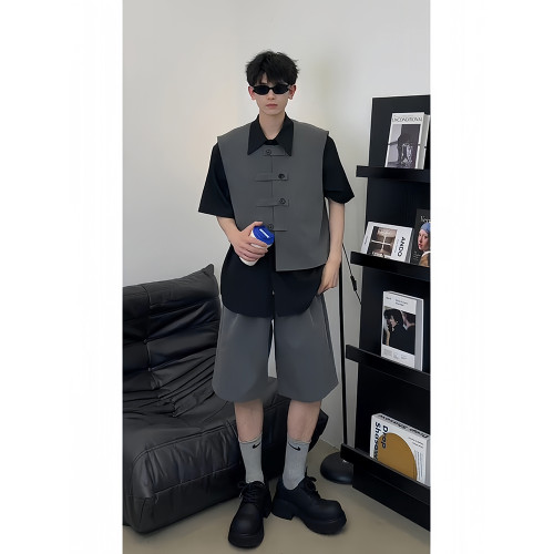 男生酷帥穿搭套裝冰絲襯衫搭配西裝短褲時尚西服馬甲高級感三件套