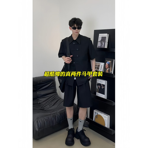 男生酷帥穿搭套裝冰絲襯衫搭配西裝短褲時尚西服馬甲高級感三件套