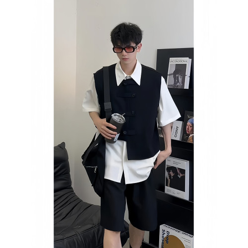 男生酷帥穿搭套裝冰絲襯衫搭配西裝短褲時尚西服馬甲高級感三件套