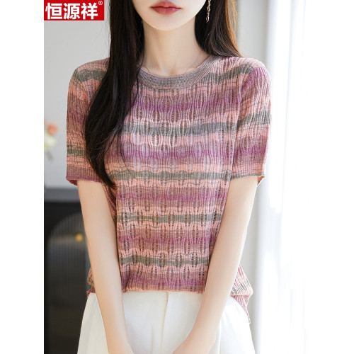 恒源祥桑蠶絲短袖女T恤夏季新款寬松圓領針織衫上衣條紋真絲短袖