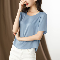 重磅緞面真絲短袖女t恤2025夏裝新款半袖桑蠶絲體恤小衫短款上衣