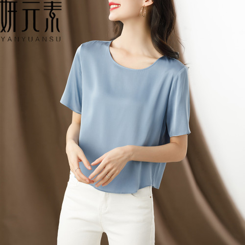 重磅緞面真絲短袖女t恤2025夏裝新款半袖桑蠶絲體恤小衫短款上衣