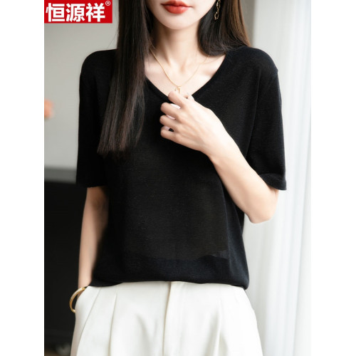 恒源祥桑蠶絲短袖女T恤夏季新款寬松V領針織衫上衣冰絲短袖天絲