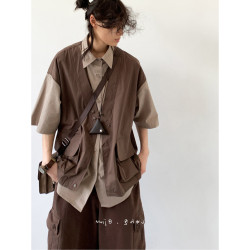 日系復古假兩件馬甲拼接短袖襯衫男女寬松百搭大口袋工裝襯衣外套