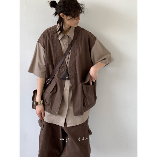 日系復古假兩件馬甲拼接短袖襯衫男女寬松百搭大口袋工裝襯衣外套