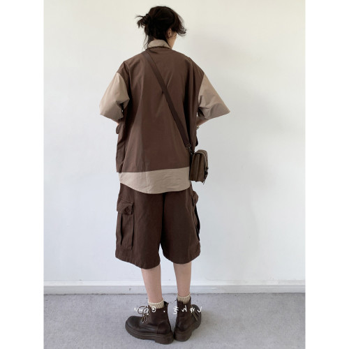 日系復古假兩件馬甲拼接短袖襯衫男女寬松百搭大口袋工裝襯衣外套