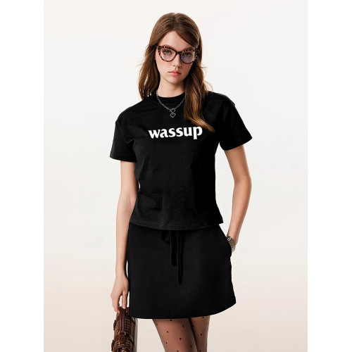 WASSUP潮牌夏季正肩字母短袖女t恤復古純色經典圓領辣妹圓領上衣