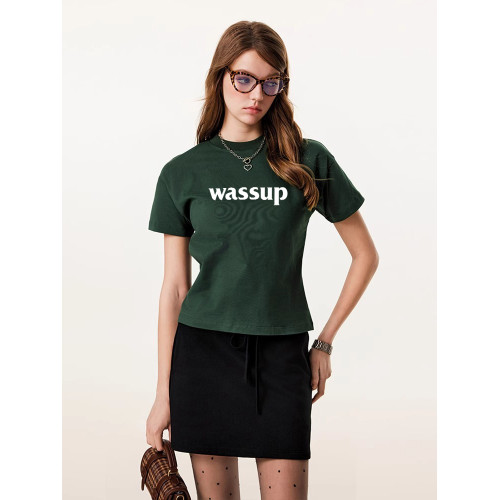 WASSUP潮牌夏季正肩字母短袖女t恤復古純色經典圓領辣妹圓領上衣
