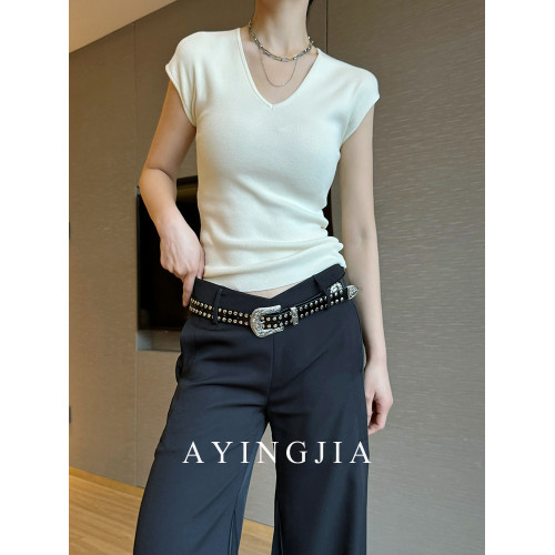 AYINGJIA V領短袖女t恤春正肩短款小飛袖冰絲針織衫薄款打底上衣