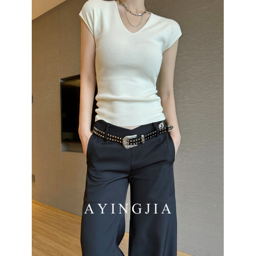 AYINGJIA V領短袖女t恤春正肩短款小飛袖冰絲針織衫薄款打底上衣