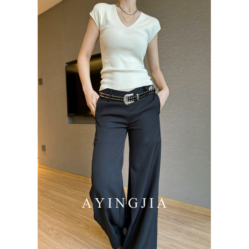 AYINGJIA V領短袖女t恤春正肩短款小飛袖冰絲針織衫薄款打底上衣