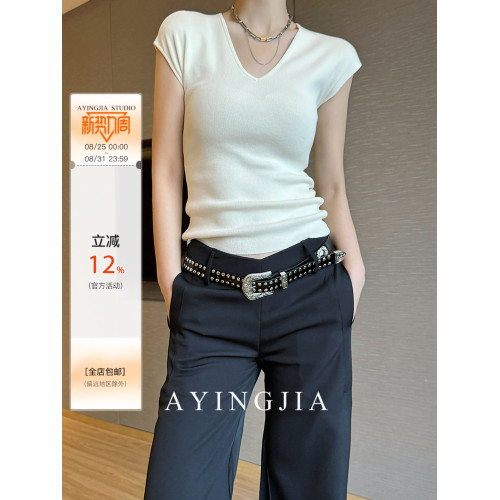 AYINGJIA V領短袖女t恤春正肩短款小飛袖冰絲針織衫薄款打底上衣