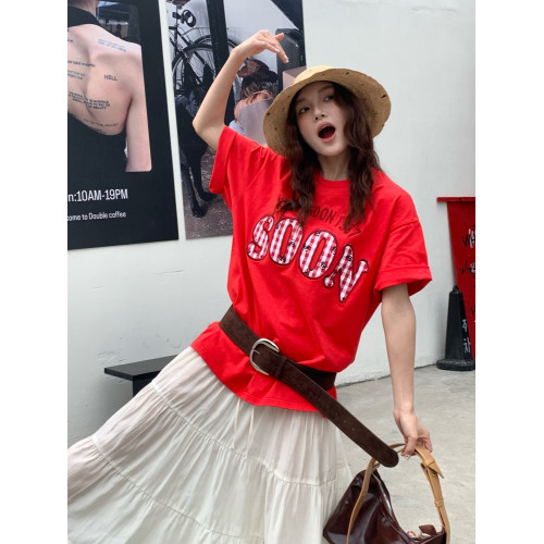 KHIAN SOON夏季國潮牌美式熊貓貼布綉字母寬松套頭純棉短袖女T恤