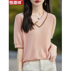 恒源祥桑蠶絲短袖女T恤夏季新款寬松顯瘦娃娃領針織衫上衣半袖
